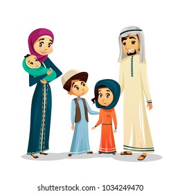 Arab Islamic family in traditional clothing vector illustration. Happy of father and mother parents, boy and girl children and baby isolated flat characters of Arabic country in Muslim culture clothes