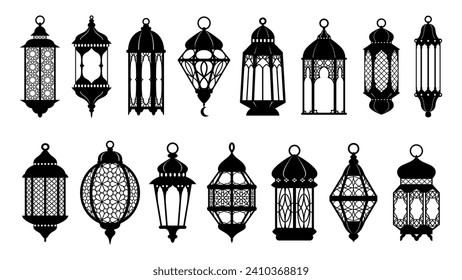 Siluetas de farolillos islámicos árabes para la festividad de Ramadán o Eid Mubarak, decoraciones vectoriales. Farolitos islámicos o musulmanes adornados con un patrón de estrellas, luna creciente para el saludo de Ramadan Kareem