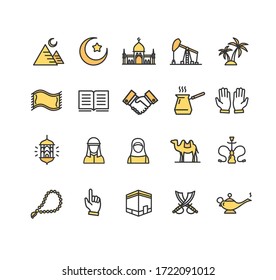 Arab Islamic Sign Color Thin Line Icon Set Include of Kaaba and Carpet. Vector illustration of Icons