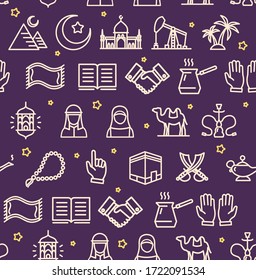Arab Islamic Signs Seamless Pattern Background on a Purple Include of Koran and Camel. Vector illustration