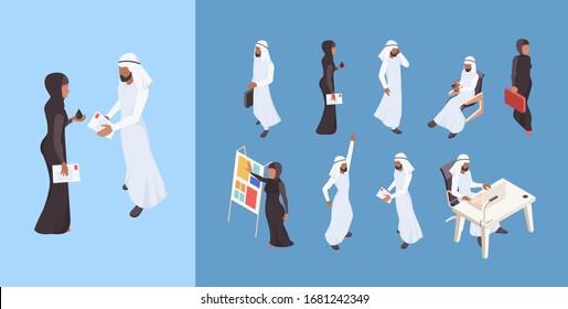 Arab isometric. Dubai man saudi woman business people arabian entrepreneur characters vector illustrations