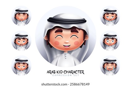 Arab kid characters vector set design. Saudi Arab kids character collection with happy, smiling and friendly facial expression in white background. Vector Illustration.
