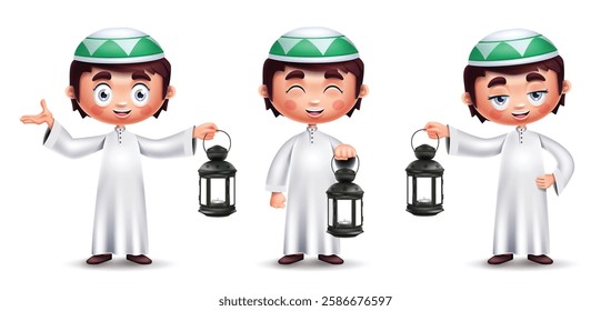 Arab kids character vector set design. Saudi Muslim boy cute character collection wearing traditional clothing and holding lantern in white background. Vector Illustration. 
