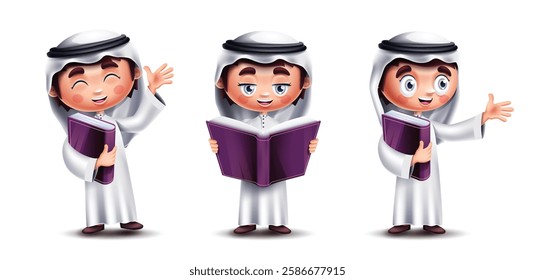 Arab kids characters set vector design. Saudi cute kids character collection with hand gesture, reading and holding Quran book in white background. Vector Illustration.
