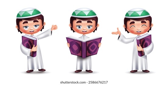 Arab kids characters vector set design. Saudi boy character reading and holding Quran book wearing traditional clothing collection in white background. Vector Illustration.
