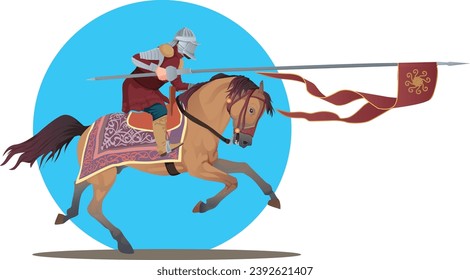 An Arab knight on a horse in attack position and carrying a spear