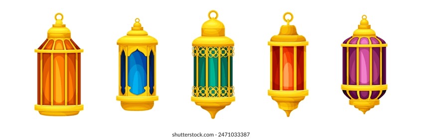 Arab Lantern with Golden Frame and Hoop Vector Set