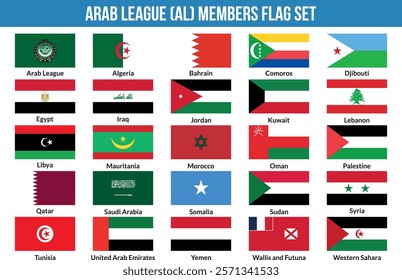 Arab League, AL Members Flag Set Vector Illustration