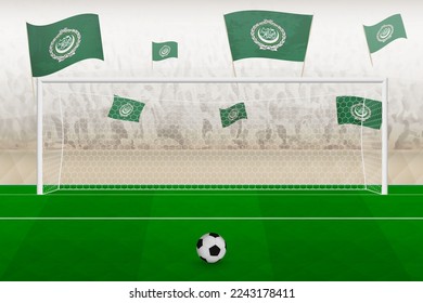 Arab League football team fans with flags of Arab League cheering on stadium, penalty kick concept in a soccer match. Sports vector illustration.