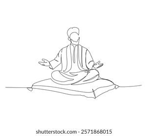 arab magician on a flying carpet, fairy tales, genie one line art. Continuous line drawing of online Muslims, Islam, traditions, clothing, folk, oriental.