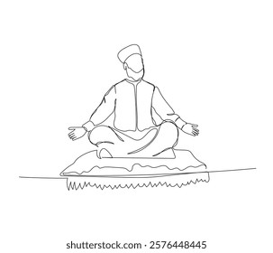 arab magician on a flying carpet, fairy tales, genie one line art. Continuous line drawing of online Muslims, Islam, traditions, clothing, folk, oriental.