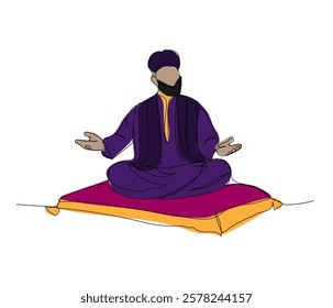 arab magician on a flying carpet, fairy tales, genie one color line art. Continuous line drawing of online Muslims, Islam, traditions, clothing, folk, oriental.