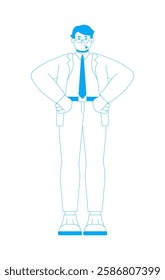 Arab male business administrator with hands on hips 2D outline cartoon character. Businessman in corporate attire isolated person flat vector on white background. Spot illustration colorful