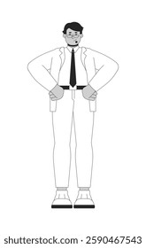 Arab male business administrator with hands on hips black and white 2D line character. Power pose. Businessman in corporate attire isolated vector outline person. Monochromatic spot illustration