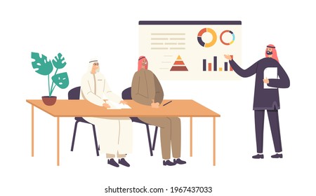 Arab Male Characters in Traditional Clothes Meeting in Office. Business Partners, Magnates Discuss Business near White Board with Data Charts during Negotiation. Cartoon People Vector Illustration