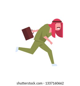 arab male doctor with briefcase running to patient arabic man in keffiyeh and green uniform hospital medicine worker cartoon character full length white background flat