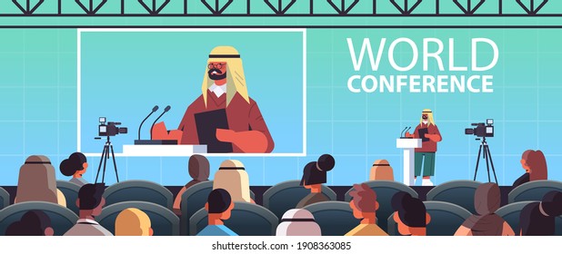 Arab Male Doctor Giving Speech At Tribune With Microphone Medical Conference Meeting Medicine Healthcare Concept Lecture Hall Interior Horizontal Vector Illustration