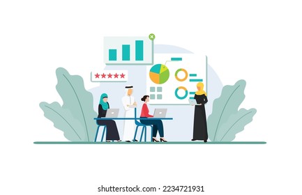 Arab Male and female characters are in office preparing presentation. Business presentation during employees meeting. Website, web page, landing page template. Flat cartoon vector illustration