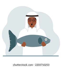 A arab male fisherman holds a large fish, proud of good fishing or hunting. Hobby, fishing concept. Vector flat illustration