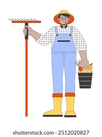 Homem árabe com ancinho e vegetais bucket 2D personagem de desenho animado. Empregado de criação rural. Positivo homem agricultor colhendo isolada pessoa vetor plano sobre fundo branco. Ilustração especial colorida