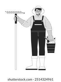 Arab male with rake and vegetables bucket black and white 2D line character. Rural husbandry employee. Positive man farmer harvesting solated vector outline person. Monochromatic spot illustration