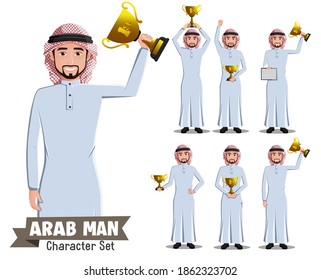 Arab man achievement vector character set. Saudi arabian male characters award winner in standing and celebrating victory pose and gesture for arabic champion design collection. Vector illustration.