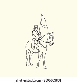 Arab man with araian horses vector line art. Arabian man wit traditional clothes riding his horse line drawing