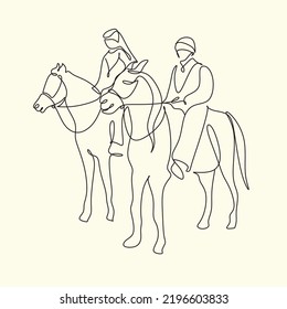 Arab man with araian horses vector line art. Arabian man wit traditional clothes riding his horse line drawing