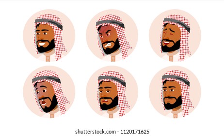 Arab Man Avatar People Vector. Arab, Muslim. Comic Emotions. Flat Handsome Manager. Happy, Unhappy. Laugh, Angry. Cartoon Character Illustration
