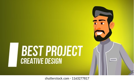 Arab Man Banner Vector. Middle Eastern Man. Young Saudi Arabic. For Banner, Flyer, Web Design. Illustration
