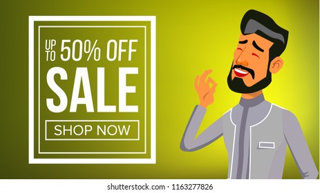 Arab Man Banner Vector. Traditional Cloths. Arab Businessman. For Advertising, Booklet, Placard Design. Illustration