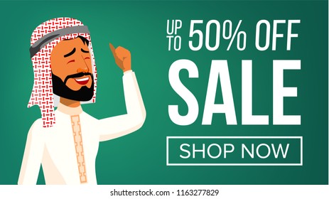Arab Man Banner Vector. Traditional National Costume. Middle Eastern People. For Presentation, Print, Invitation Design. Illustration
