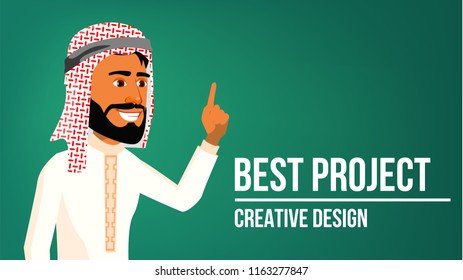 Arab Man Banner Vector. Young Saudi Arabic Man. Middle Eastern. For Presentation, Print, Invitation Design. Illustration
