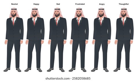 Arab man in black suit with different expressions and moods, Bearded with keffiyeh
