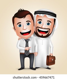 Arab man and businessman vector characters happy business partners showing friendship. Vector illustration.
