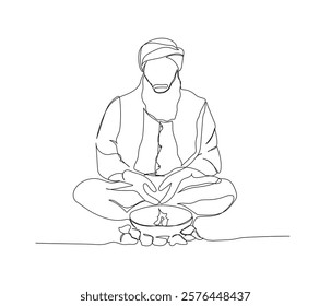 Arab man by the fire, magician, alchemist, healer one line art. Continuous line drawing of online Muslims, Islam, traditions, clothing, folk, oriental.