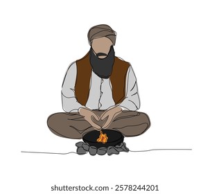 Arab man by the fire, magician, alchemist, healer one color line art. Continuous line drawing of online Muslims, Islam, traditions, clothing, folk, oriental.