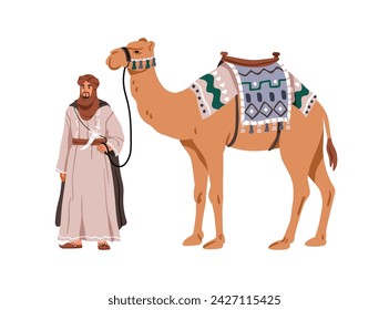 Hombre árabe y camello. Tenencia beduina marroquí, dueño del transporte animal del desierto con silla, brida. Nómada árabe. Afromarroquí en turbante. Ilustración vectorial plana aislada sobre fondo blanco