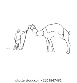 Arab man with camel on the desert. One line drawing art. Hand drawn vector illustration.