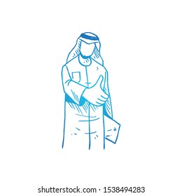Arab man carrying annual report with giving thumbs up gesture. Business best performance, success hand drawn concept design. Sketch isolated vector illustration. Suitable for banner and poster print