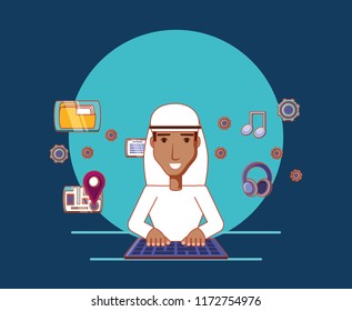 arab man cartoon typing keyboard social media icons