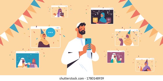 arab man celebrating online birthday party during virtual meeting with arabic friends in web browser windows celebration self isolation concept horizontal vector illustration