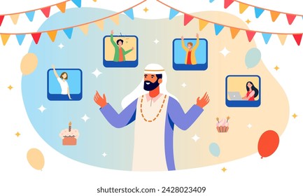 Arab man celebrating online birthday party, with friends in web browser windows celebration, vector illustration.