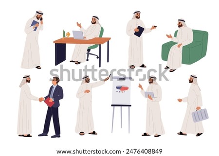 Arab man character. Businessman in different poses. Saudi guy in traditional Muslim robe. Partners meeting. Dubai office worker. Project presentation at whiteboard