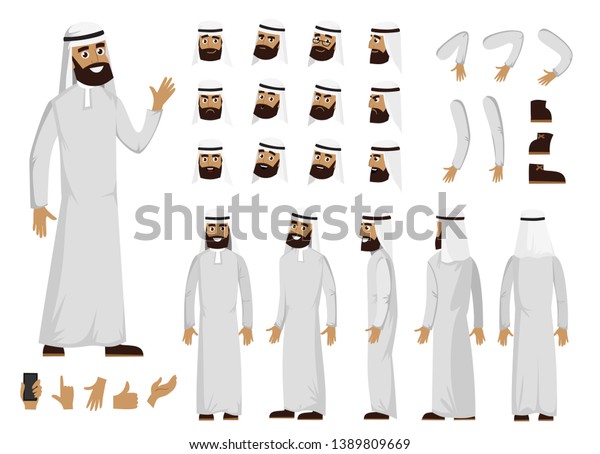 アラブ人の文字のコンストラクターがフラットスタイルで設定されています ムスリム男性のdiyは 表情や動く腕と頭の異なるセットを取ります 伝統的な服 を着たアラビア人の男性が 前面 背面 側面から見た のベクター画像素材 ロイヤリティフリー