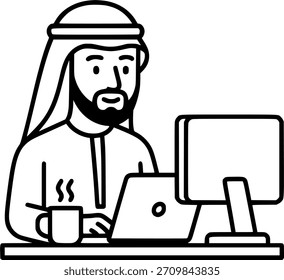 Arab man character at office work sign, symbol, vector, art