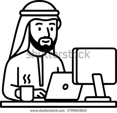 Arab man character at office work sign, symbol, vector, art