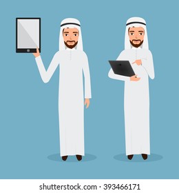 arab man character use tablet or laptop online. muslim user.