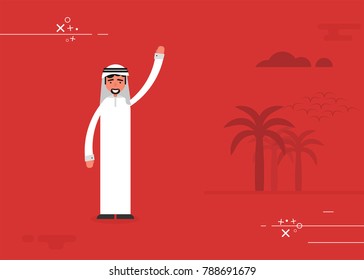 Arab man character waving flat vector illustration. Red vector background with cloud and palms.