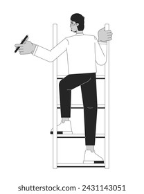 Arab man climbing ladder holding pen black and white 2D line cartoon character. Middle eastern guy eyeglasses isolated vector outline person. Moving up progression monochromatic flat spot illustration